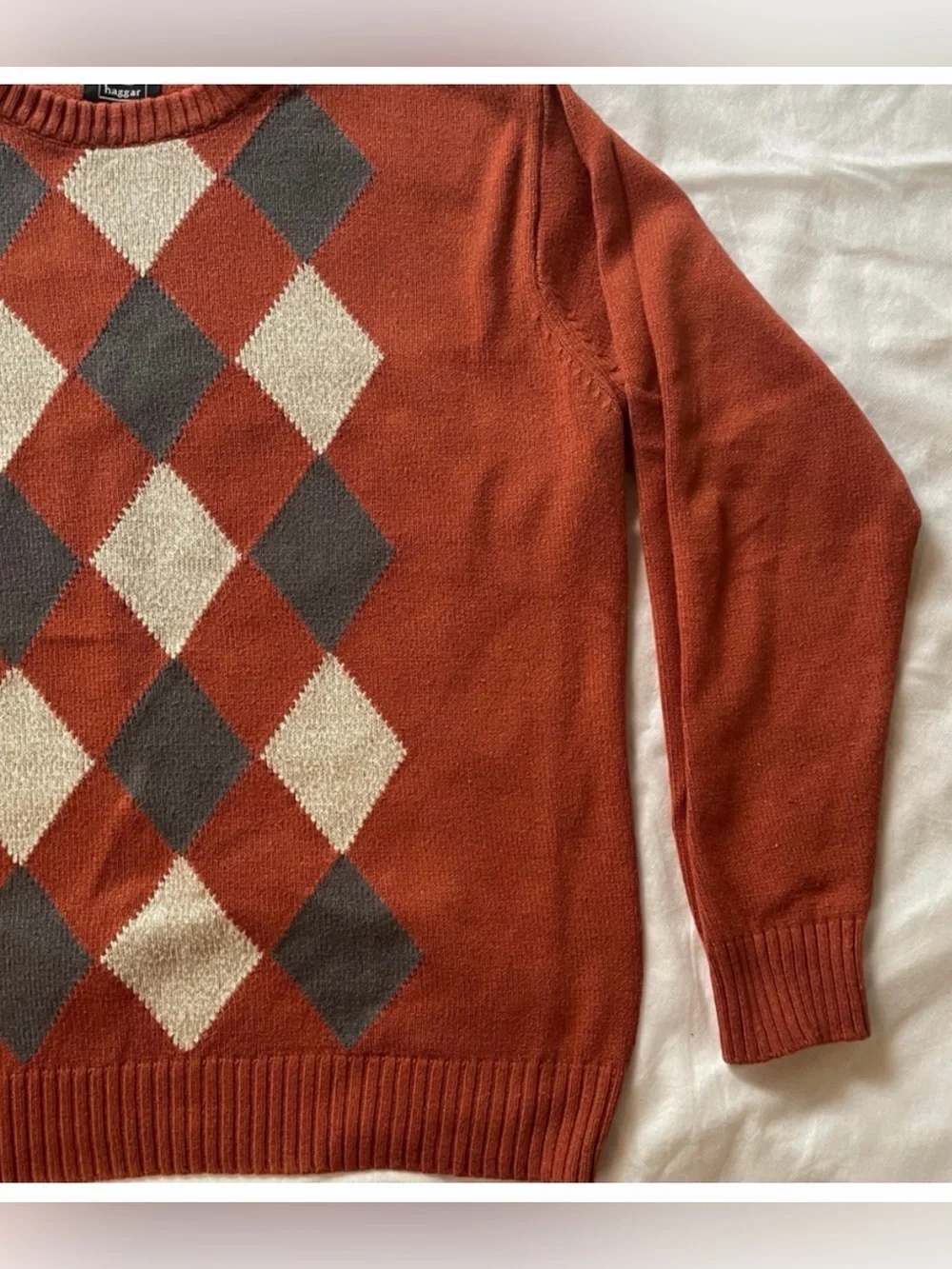 Haggar Dark Orange Argyle Men’s Crewneck Sweater, large
